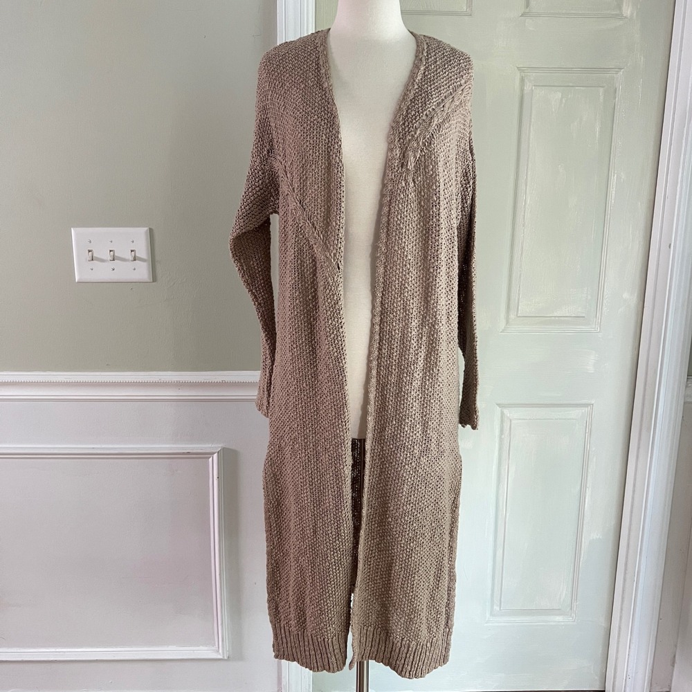 Natural Life XS S Long Knit Open Front Cardigan Sweater Taupe